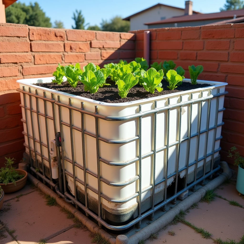 Sistema de acuaponía casero construido con tanque IBC en un patio de Mendoza