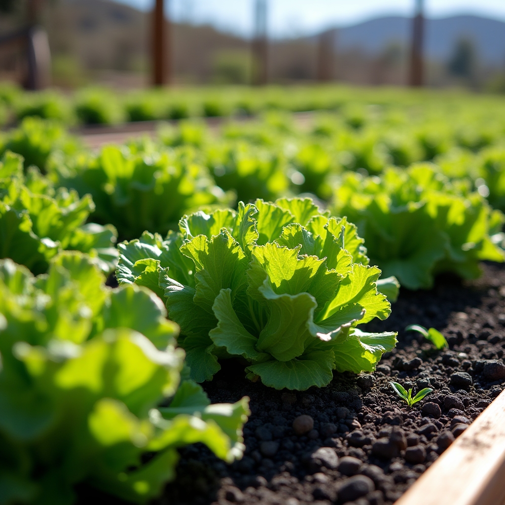 Cama de cultivo con hortalizas verdes en un sistema de acuaponía