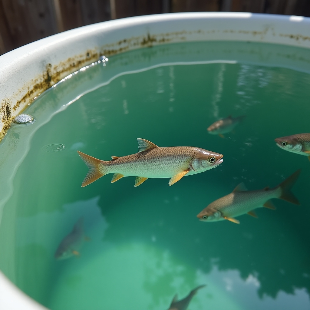 Peces de agua templada nadando en el tanque de cría de un sistema de acuaponía