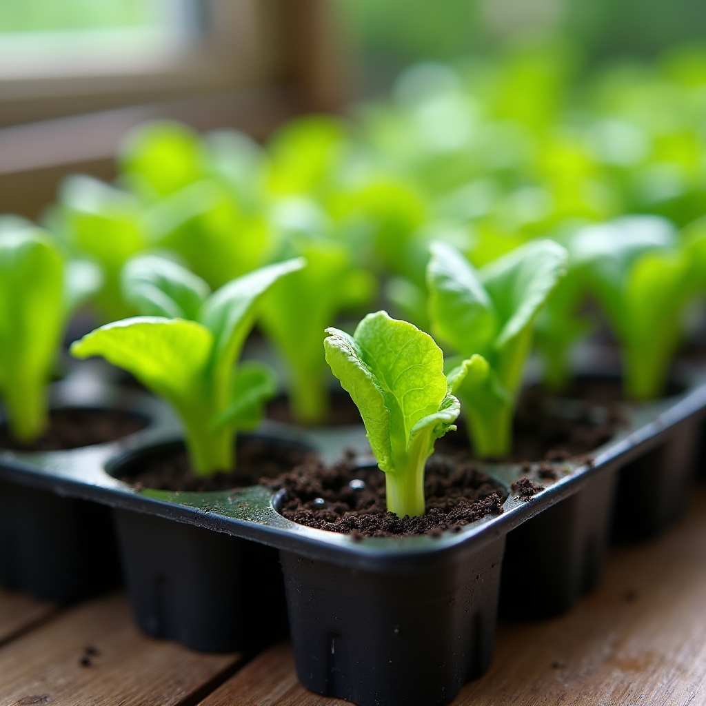 Semillero con plantines de lechuga y acelga antes del trasplante al sistema